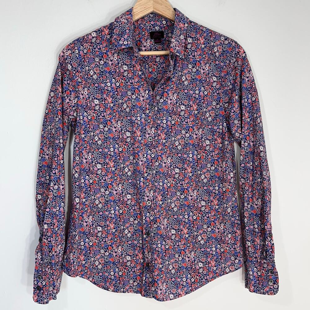 J Crew Liberty Fabrics Floral Print Kayoko Indigo Button Shirt | Red Blue | SZ 4